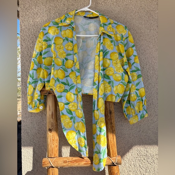 Zara Tops - Zara Linen Yellow Lemon-Print Open Front Blouse XS